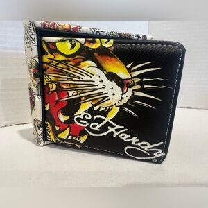 Ed Hardy Tiger Head Print Bifold Wallet in Gift Box NWT
